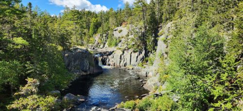 A serene river flows through a rocky landscape, surrounded by lush green trees and a clear blue sky.