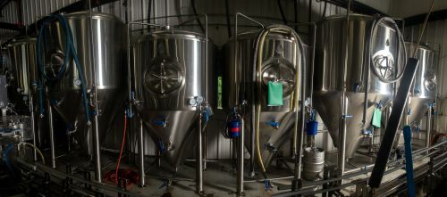 A row of shiny stainless steel fermentation tanks in a brewery, with hoses and equipment visible.