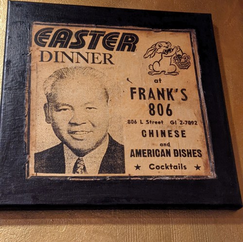 Vintage advertisement for Easter dinner at Frank's, featuring a man and illustrations of a bunny and eggs.