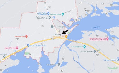Map of Leesburg, highlighting key locations and roads, with a black arrow indicating a specific point of interest.
