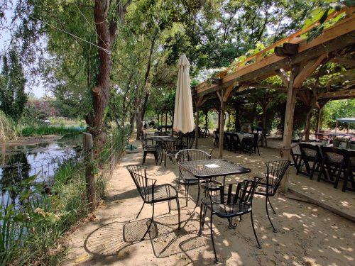 Outdoor dining area with black metal tables and chairs, shaded by trees, near a pond. Sunlight filters through the leaves.