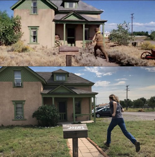 A split image showing an old, weathered house with a man working outside and a woman walking towards the same house.
