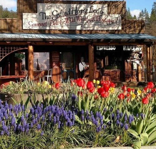 A rustic lodge with a sign reading "The Gifted Horse Lodge," surrounded by colorful flowers and a cozy outdoor seating area.