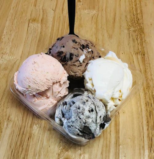 A plastic container holds four scoops of ice cream: pink, chocolate, vanilla, and cookies and cream, with a black spoon.