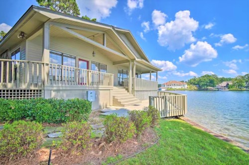 A lakeside house with a porch, surrounded by greenery and water, under a bright blue sky with fluffy clouds.