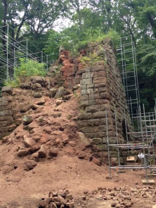 Ruins of a stone structure with scaffolding, surrounded by trees and rocky terrain. Vegetation grows on the stones.