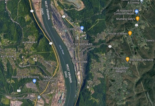 Aerial view of the Ohio River, with nearby towns and landmarks including Follansbee and Mingo Junction.