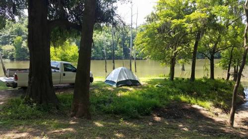 A white truck parked near a tent by a serene river, surrounded by lush green trees and grass.