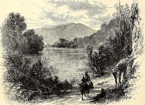 A black and white illustration of a river landscape with a rider on horseback and mountains in the background.