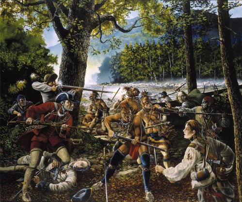 A dramatic scene depicting a historical battle between Indigenous warriors and European soldiers in a forested landscape.