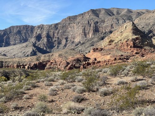 A rugged desert landscape featuring rocky mountains, dry shrubs, and clear blue skies.