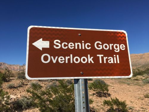 Brown sign pointing left for "Scenic Gorge Overlook Trail" against a clear blue sky and desert landscape.