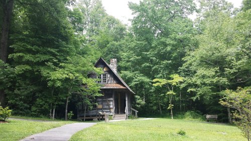 A rustic wooden cabin surrounded by lush green trees and a pathway leading to the entrance.