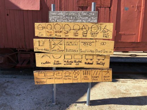 Sign with various symbols and instructions for safety and directions, including warnings and guidance for different areas.