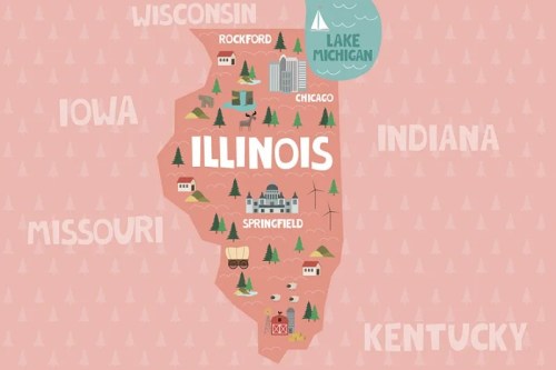 Illustrated map of Illinois highlighting cities like Chicago and Springfield, with Lake Michigan to the northeast.