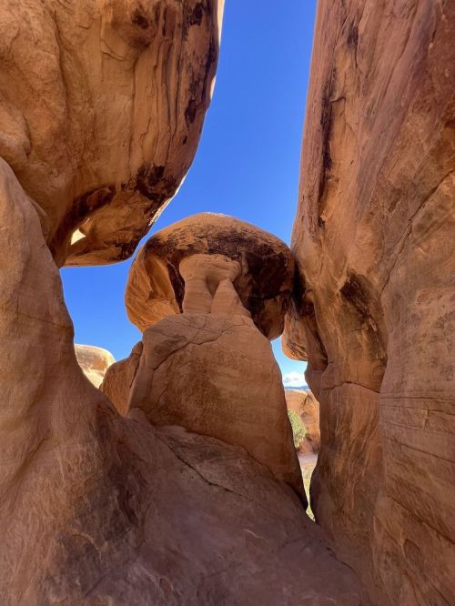 A narrow canyon with towering rock formations and a clear blue sky above.