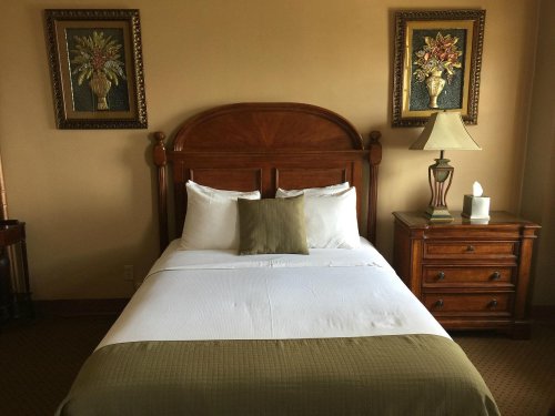 A cozy hotel room featuring a wooden bed, decorative pillows, bedside table, and framed floral artwork on the walls.