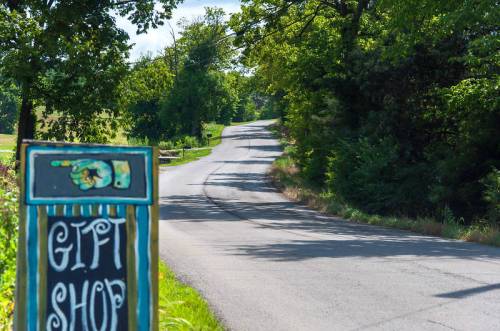 A winding road lined with trees, with a colorful "Gift Shop" sign in the foreground.