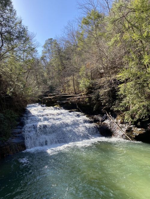 A serene waterfall cascades into a clear green pool, surrounded by lush trees under a bright blue sky.