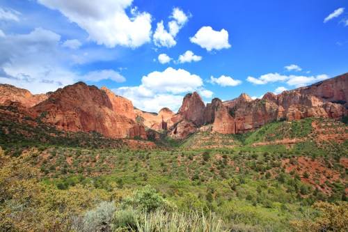 A panoramic view of red rock formations and green vegetation under a blue sky with fluffy clouds.