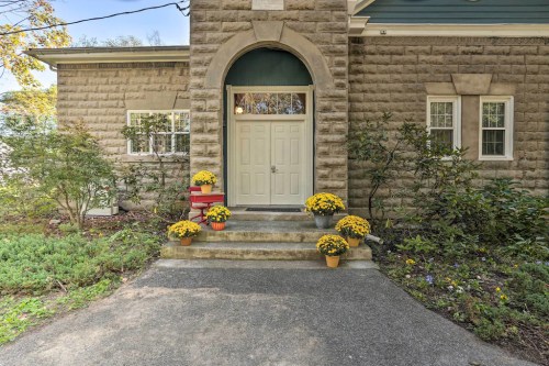 Front entrance of a stone house with a white door, surrounded by colorful flower pots and greenery.