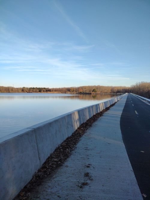 A serene view of a calm lake beside a paved path, surrounded by trees under a clear blue sky.