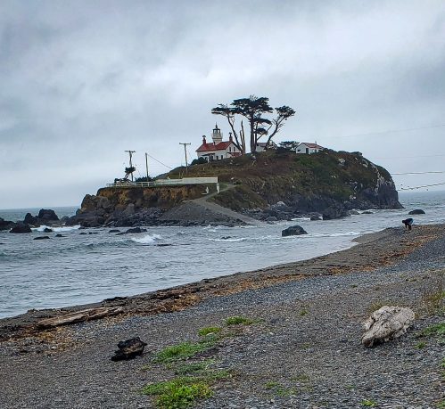 A rocky shoreline with a lighthouse on a small island, under a cloudy sky and gentle waves.