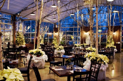 A beautifully decorated restaurant with twinkling lights, poinsettias, and trees, creating a cozy, festive atmosphere.