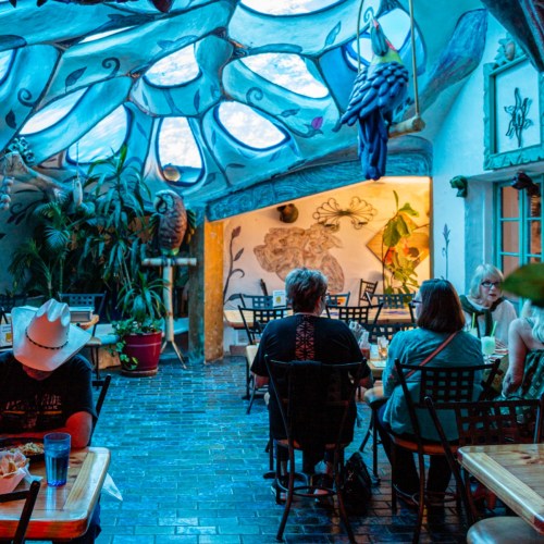 A vibrant restaurant interior with colorful murals, plants, and patrons enjoying their meals under a unique ceiling design.