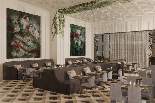 Elegant restaurant interior featuring plush seating, artistic wall decor, and stylish tables in a sophisticated atmosphere.