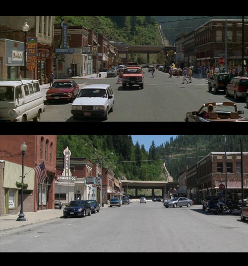A split image showing a bustling town street scene from a movie, with vintage cars and shops, contrasted with a modern view.