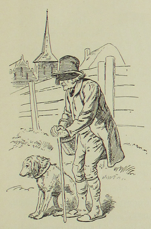 An elderly man in a top hat stands beside a dog, with a rural landscape and a church spire in the background.