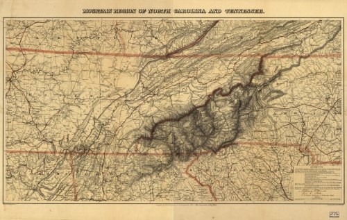 Map of the mountain region of North Carolina and Tennessee, featuring topographical details and routes.