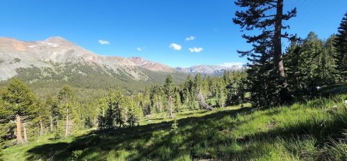 A scenic view of a lush green valley surrounded by mountains under a clear blue sky.