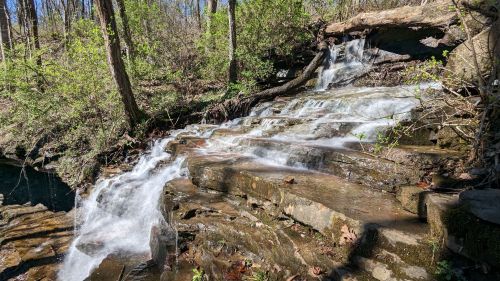 A serene waterfall cascading over rocky steps, surrounded by lush greenery and trees in a peaceful forest setting.