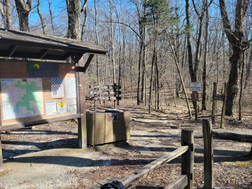 Trailhead sign with maps and information, surrounded by bare trees in a wooded area on a sunny day.