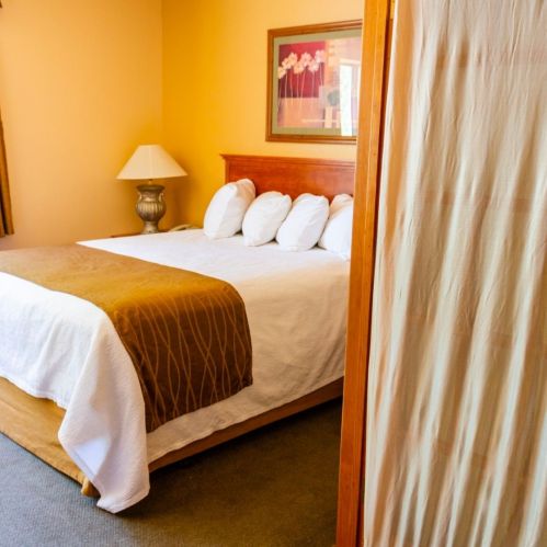 Cozy bedroom with a large bed, decorative pillows, a lamp, and a curtain partially revealing the room.