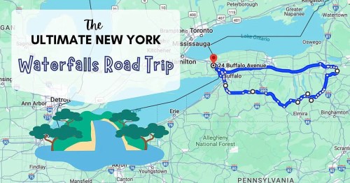 Map highlighting a road trip route for visiting waterfalls in New York, featuring key locations and a scenic design.