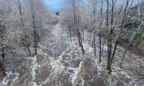 A flooded river surrounded by bare trees, with turbulent water flowing rapidly through the landscape.