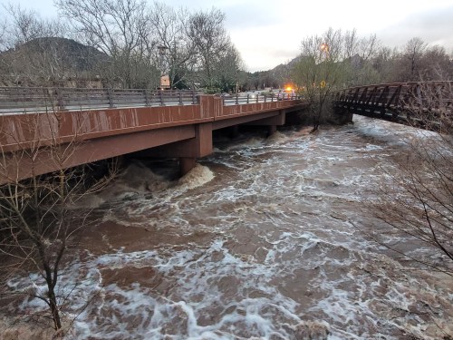 A river overflowing its banks under a bridge, with turbulent brown water and bare trees along the shore.