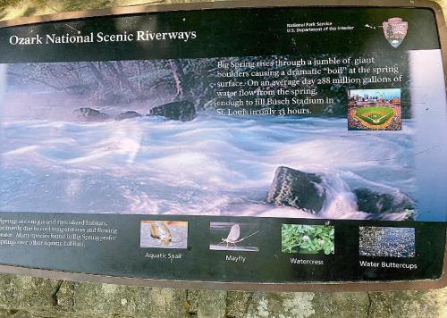 Sign about Ozark National Scenic Riverways, detailing Big Spring's water flow and local wildlife.