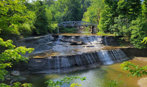 A serene waterfall cascades over rocky ledges, surrounded by lush greenery and a bridge in the background.