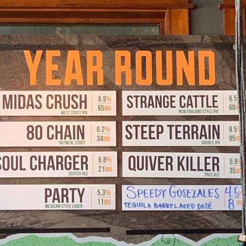 Menu board featuring various craft beers with names, styles, and alcohol content percentages.