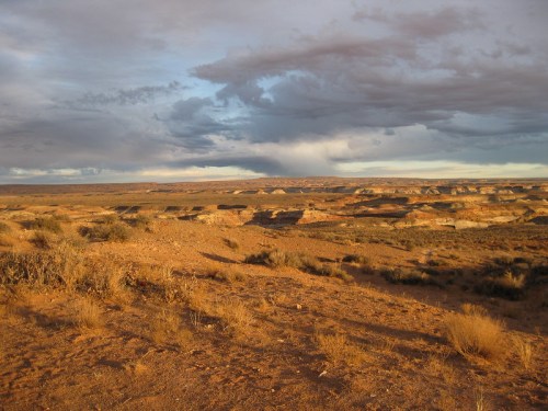 A vast desert landscape under a cloudy sky, featuring rolling hills and sparse vegetation.