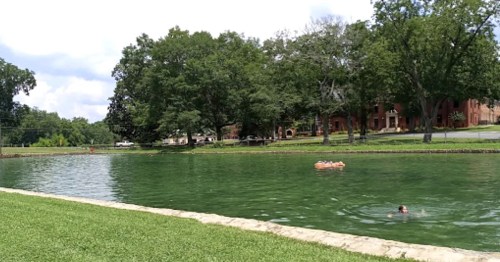 A serene park scene with a green pond, trees, and people swimming and relaxing on inflatable rafts.