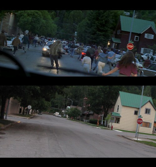 A split image showing a chaotic street scene with people running in the top half and an empty street in the bottom half.