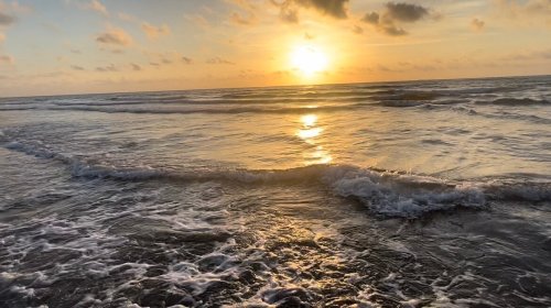 A serene beach scene at sunset, with gentle waves reflecting the golden light of the sun on the water.
