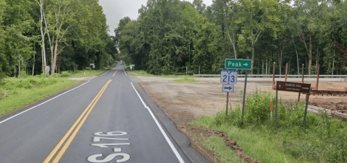 A rural road intersection with a sign for Peak and a marker for S-176, surrounded by greenery.