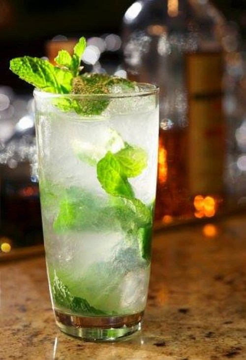 A refreshing mojito in a tall glass, garnished with mint leaves and ice, set against a blurred bar background.