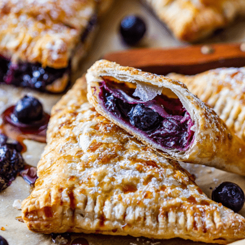 Golden-brown pastries filled with blueberries, sprinkled with sugar, surrounded by fresh blueberries on a baking sheet.